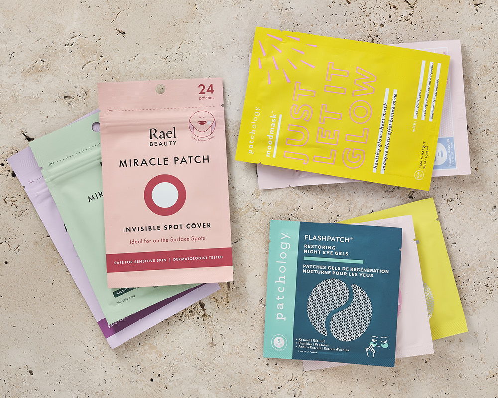 Rael and Patchology products on tan background