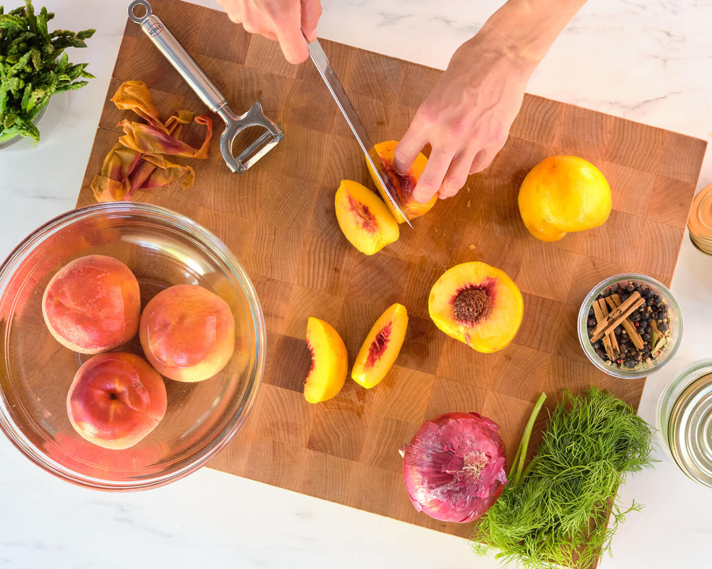 cutting peaches