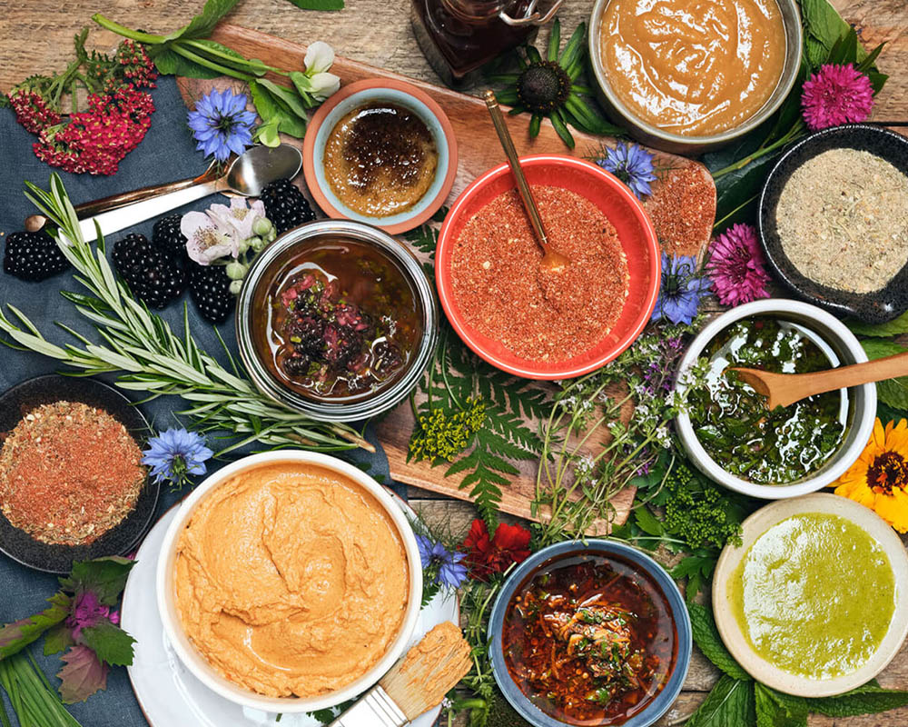 Rubs, Slathers, & Dips on a table with garnish