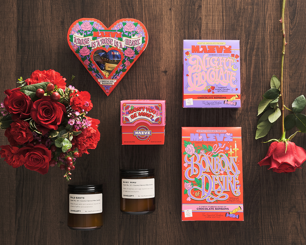 Chocolates, candles, and flowers
