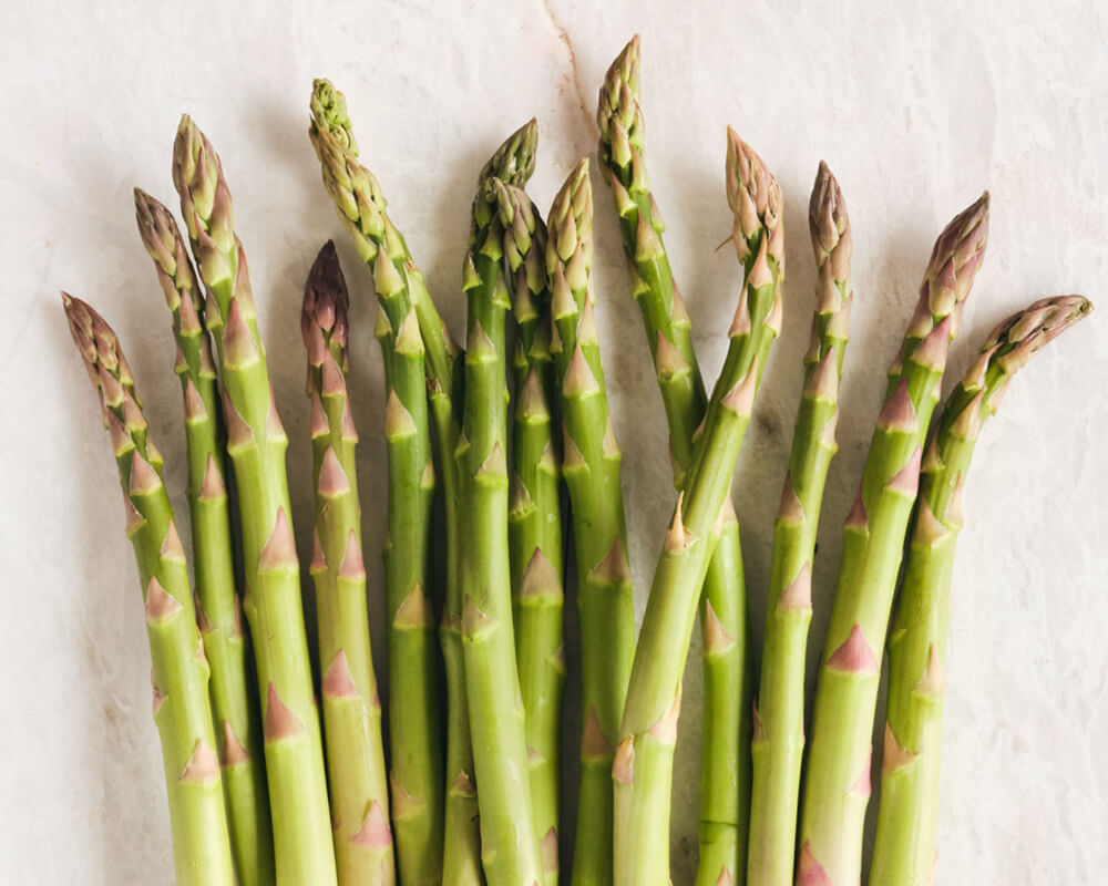 asparagus stalks lined up in a row