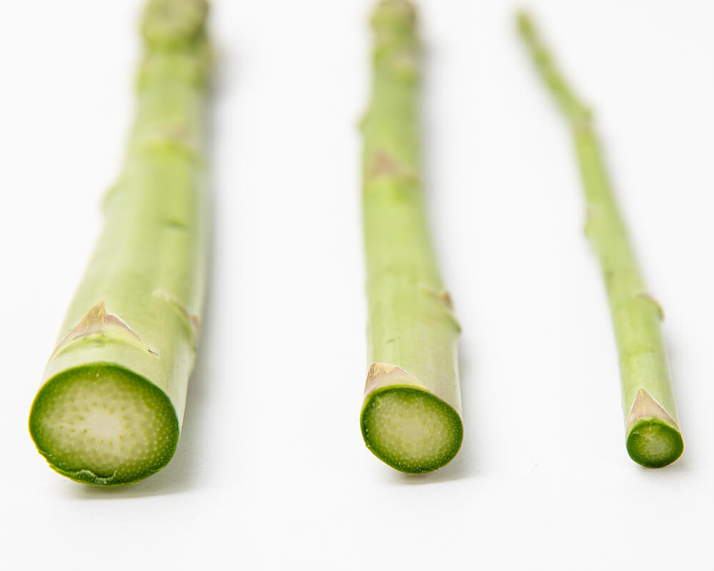 three asparagus stalks from larger to smaller diameters laying on their sides with the bottom ends facing forward