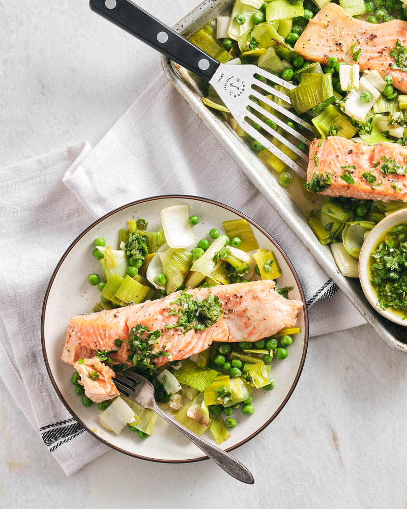 Sheet Pan Salmon with Buttered Leeks and Peas