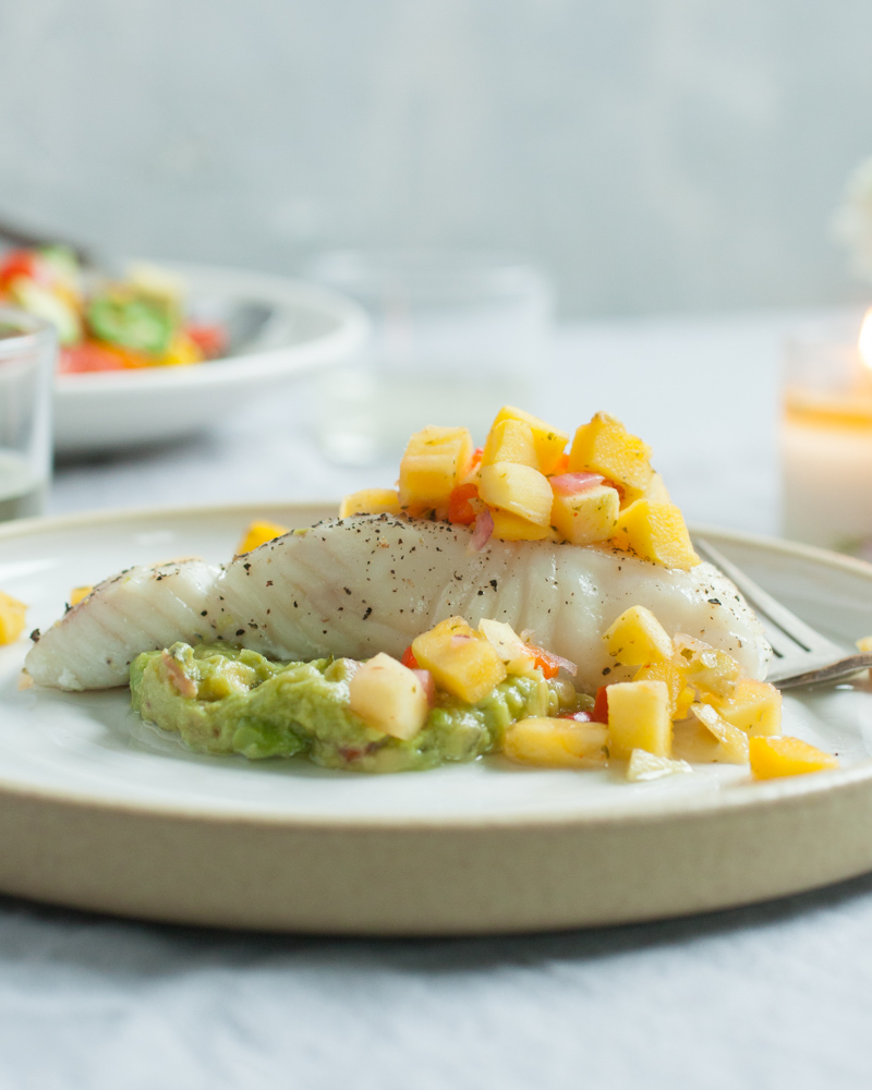 Slow-Roasted Halibut with Mango Salsa and Guacamole