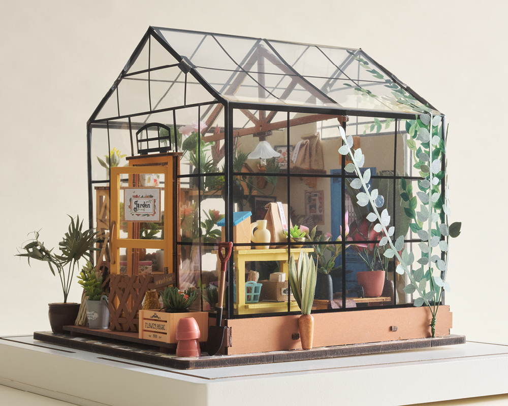 Miniature wooden greenhouse display