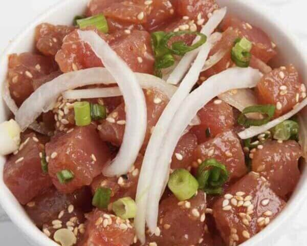 Bowl of ahi tuna and onion poke.