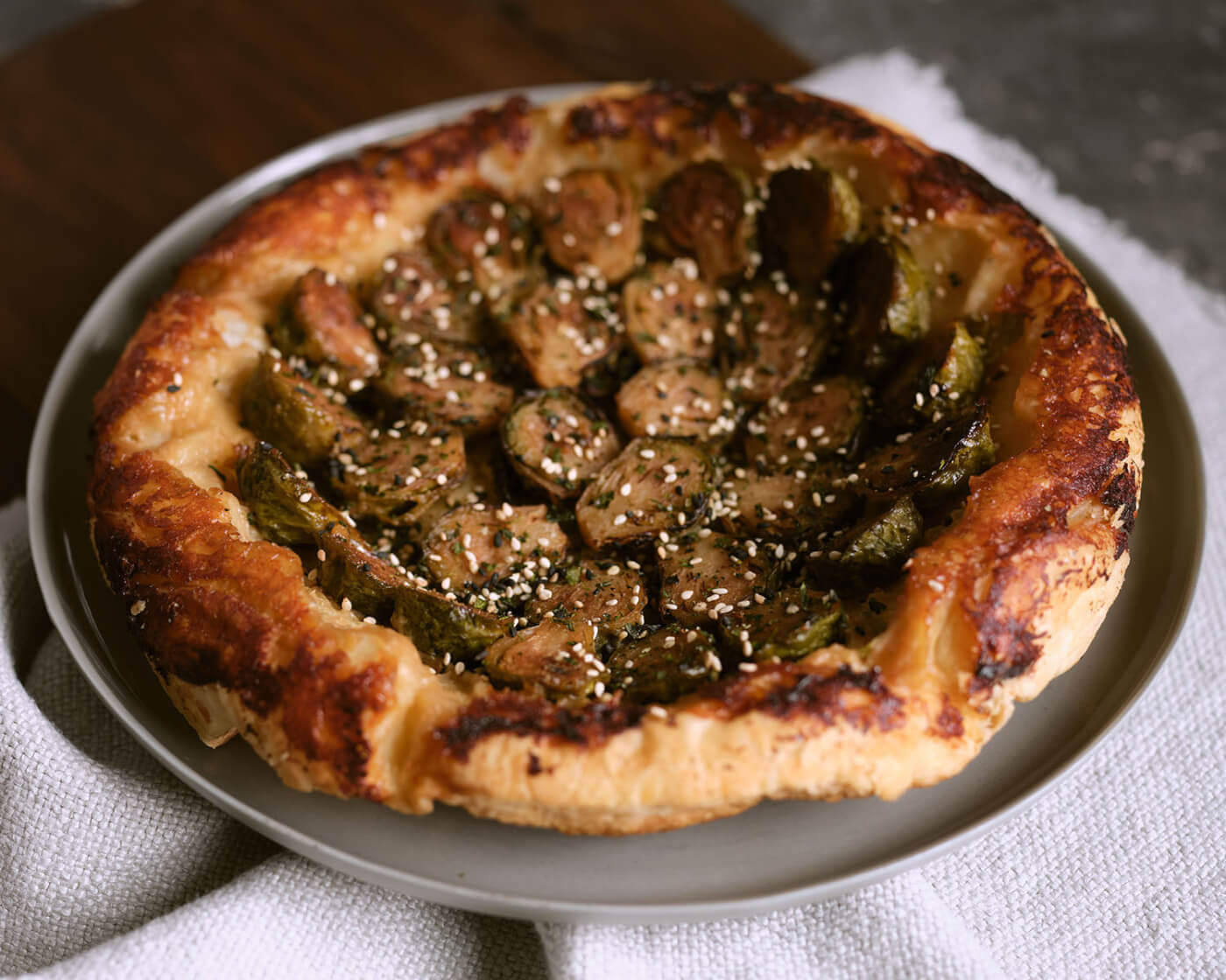 Roasted brussels sprouts on a bread base.