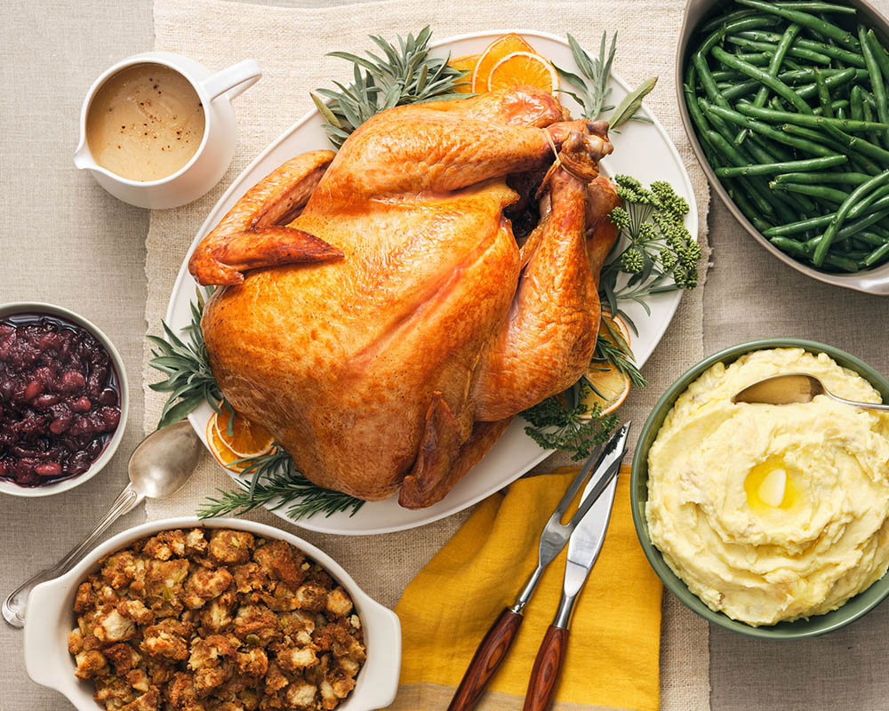 thanksgiving turkey and sides on a table