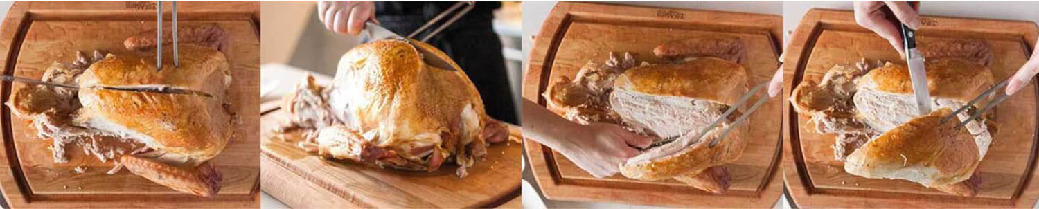 Series of 4 images showing the turkey breast being removed with a carving knife