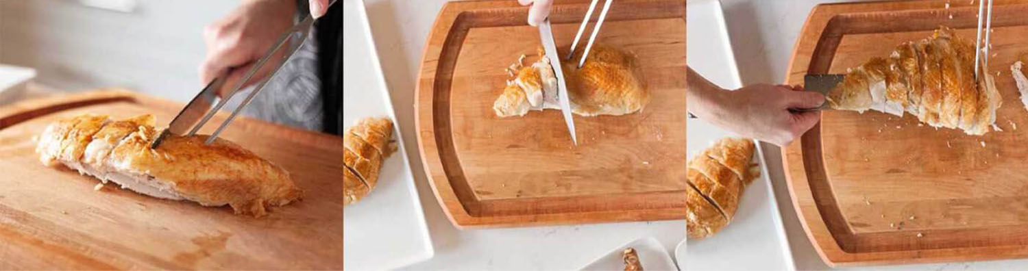 Series of 3 images of a turkey breast being sliced with a carving knife