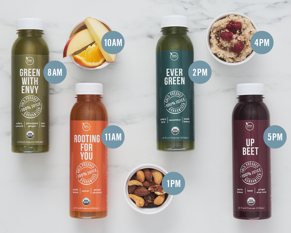 Four Metropolitan Market juices and three snacks with time stamps