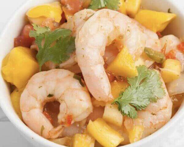 Bowl of shrimp and mango poke.