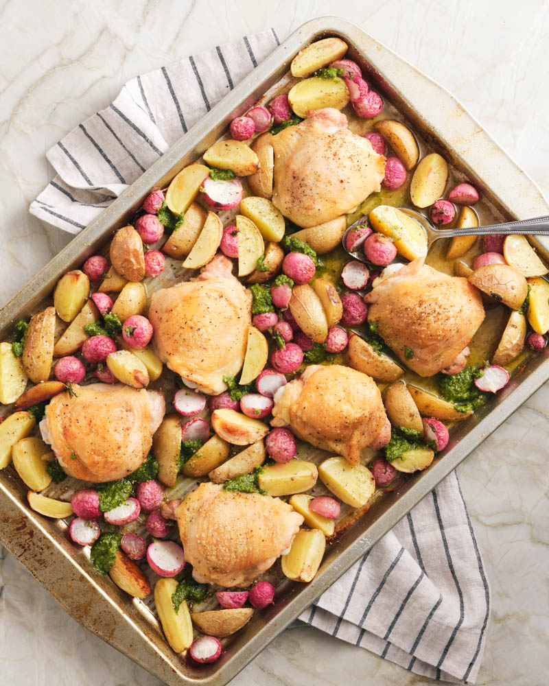 4-Ingredient Sheet Pan Chicken with Pesto and Schmaltzy Radishes