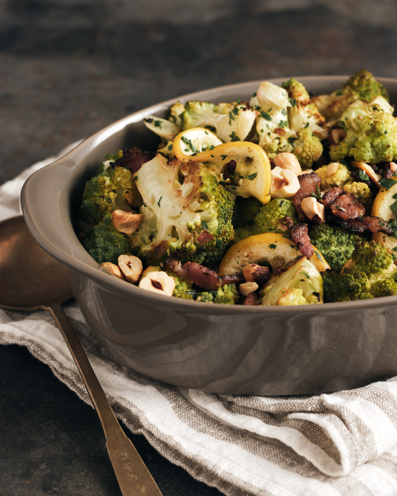 Roasted Romanesco With Lemon, Bacon, And Hazelnuts