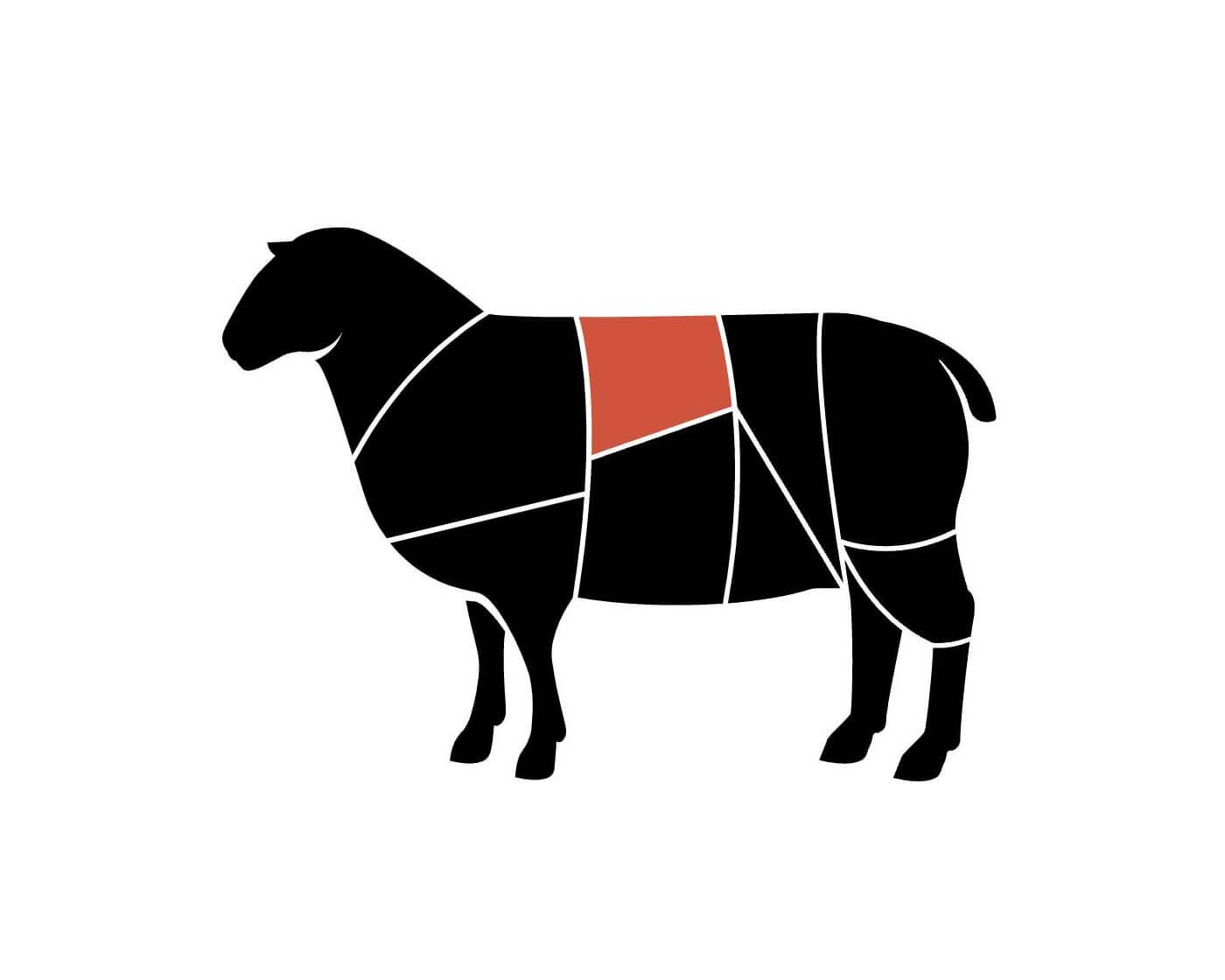 Drawing of a lamb with the rib section highlighted.