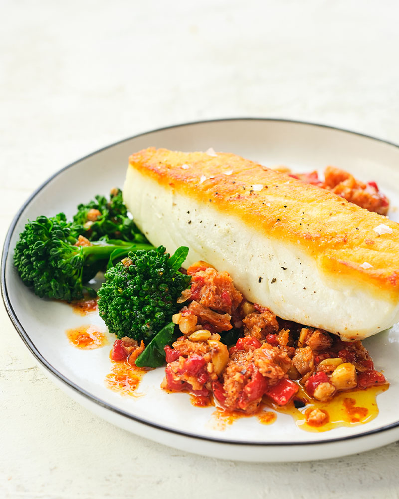 Pan-Roasted Halibut with Broccolini and Romesco