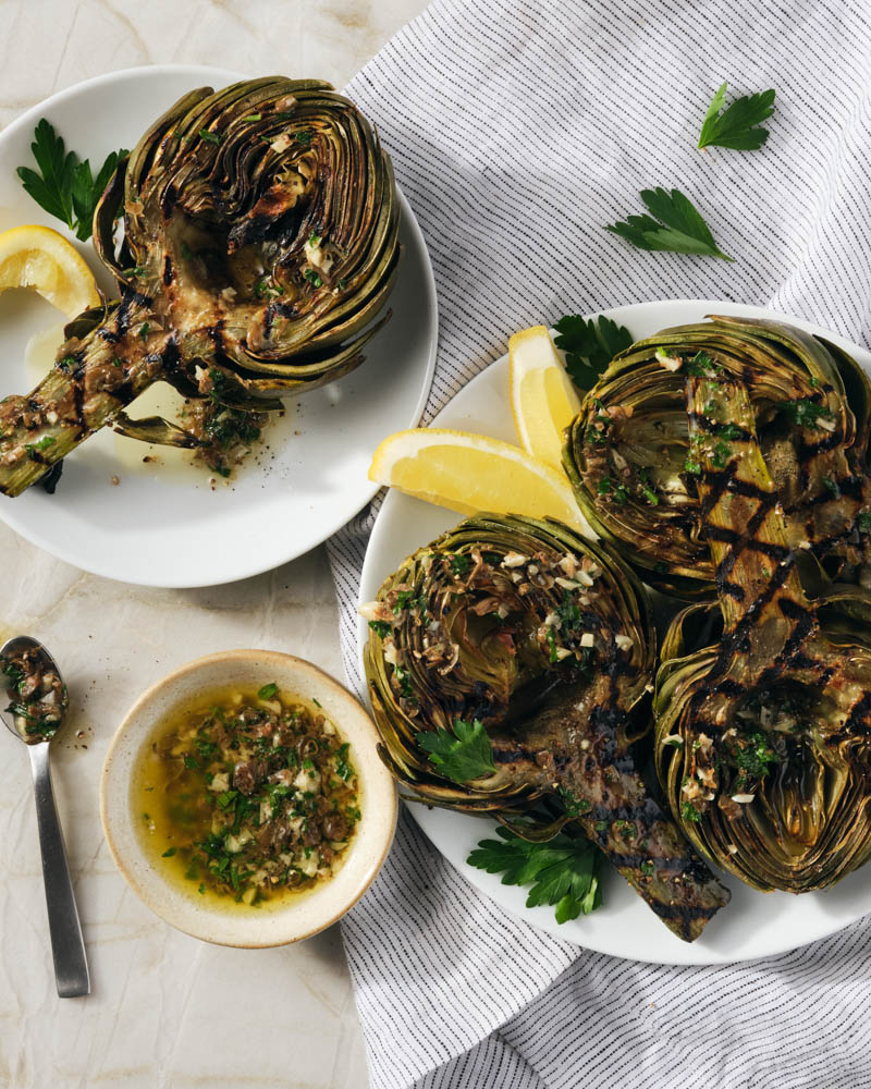 Grilled Artichokes with Lemon Caper Butter