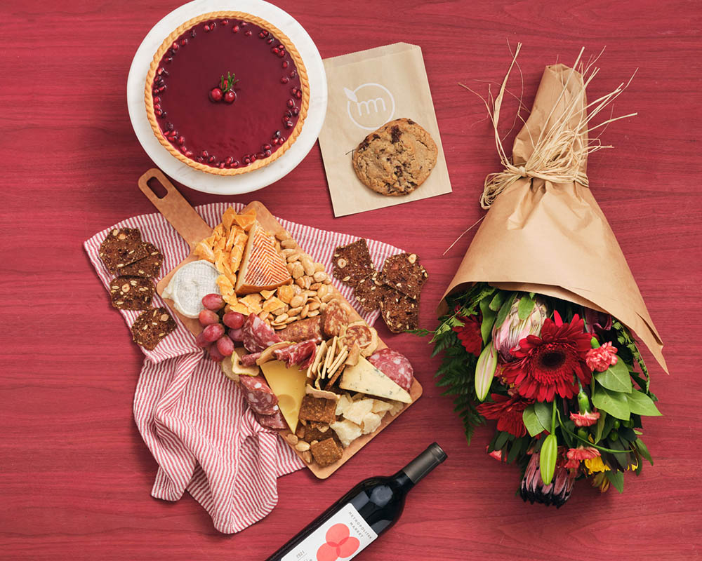 holiday pie, cookie, charcuterie, flowers, wine