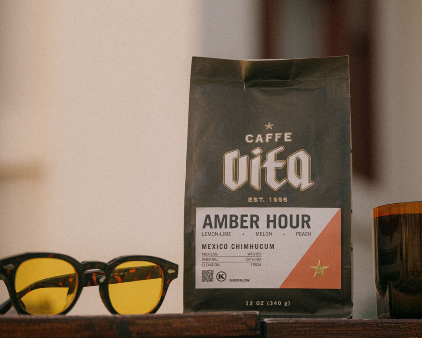 amber hour coffee in a bag with sunglasses