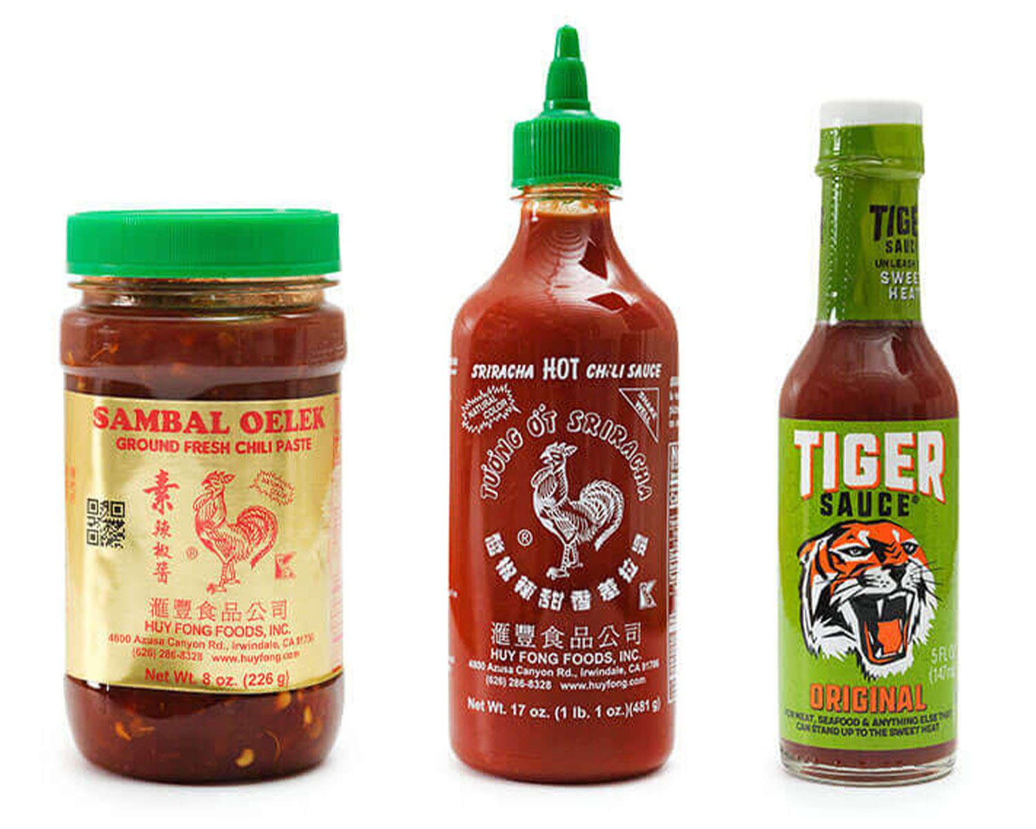 sambal sriracha and tiger sauces