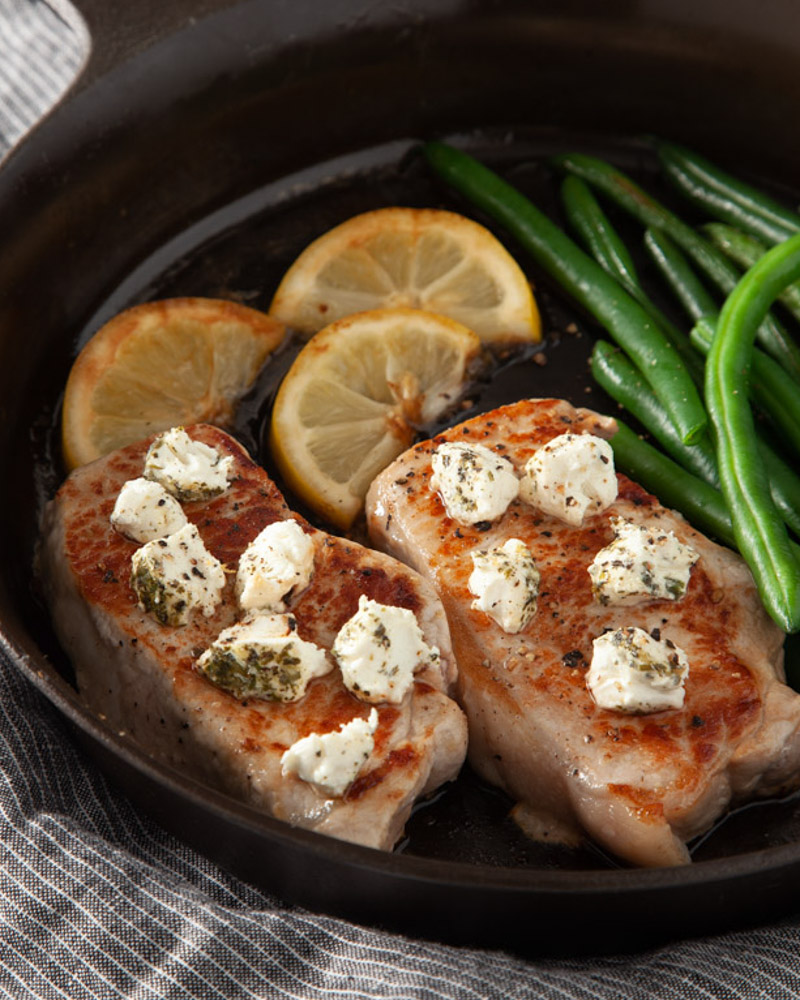 Pork Chops with Herbed Goat Cheese and Asparagus