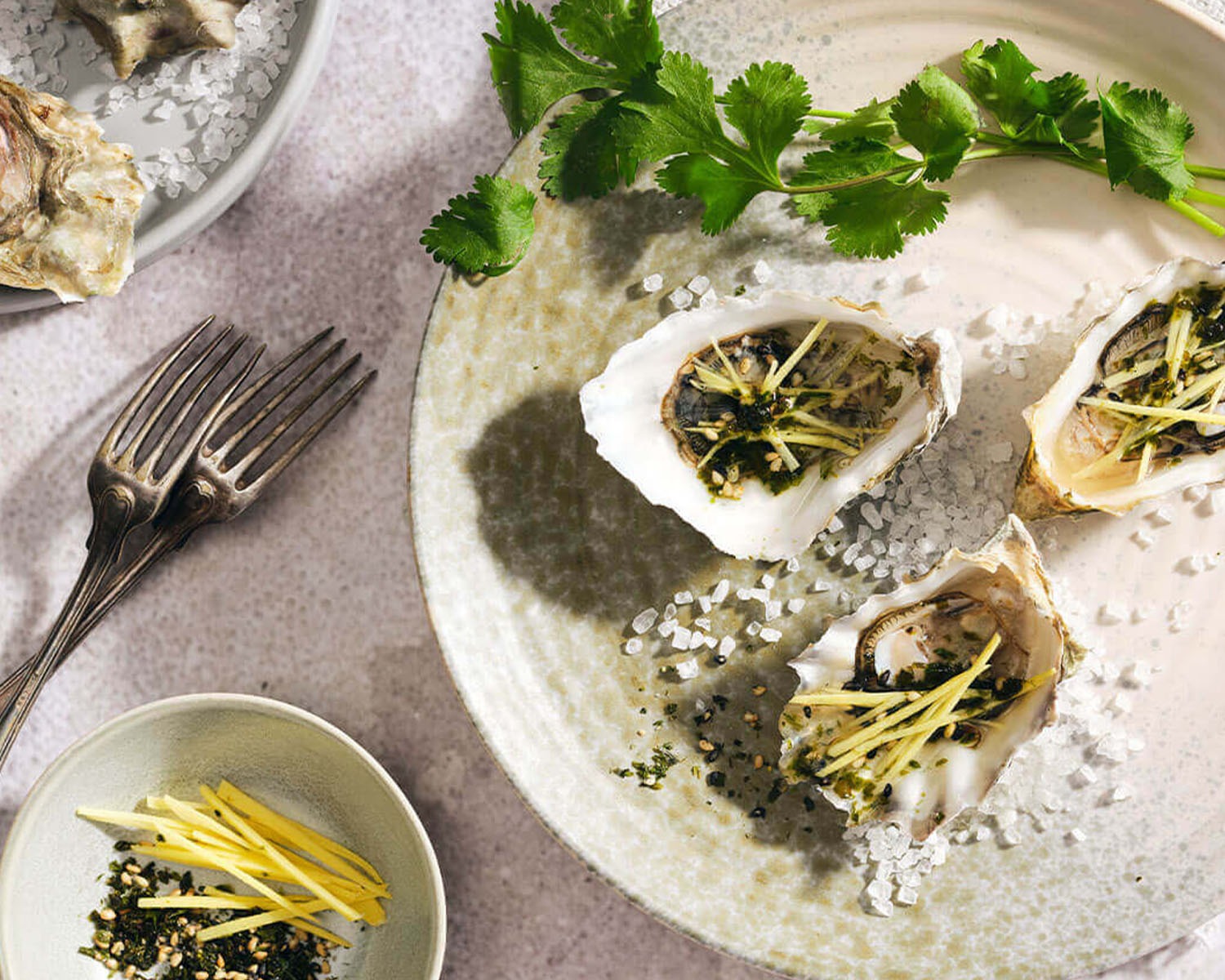 oysters on half shell with seaweed and ginger