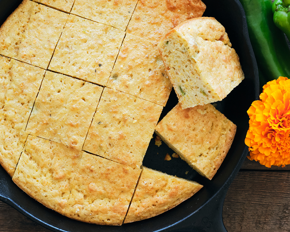 Hatch chile cornbread in skillet
