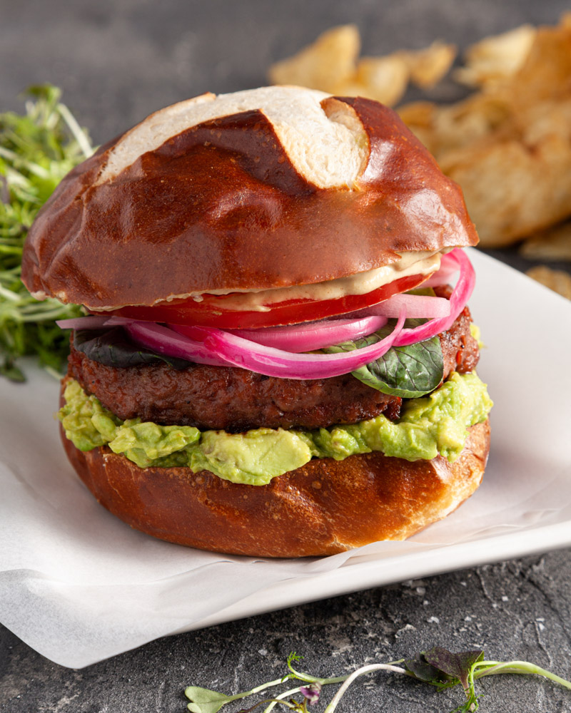 Plant-Based Burgers on Pretzel Rolls