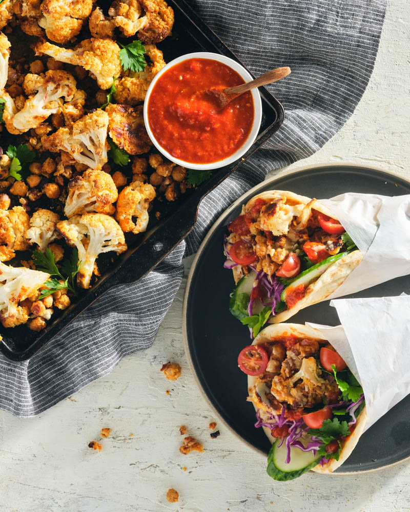 Sheet Pan Roasted Chickpea and Cauliflower Pita