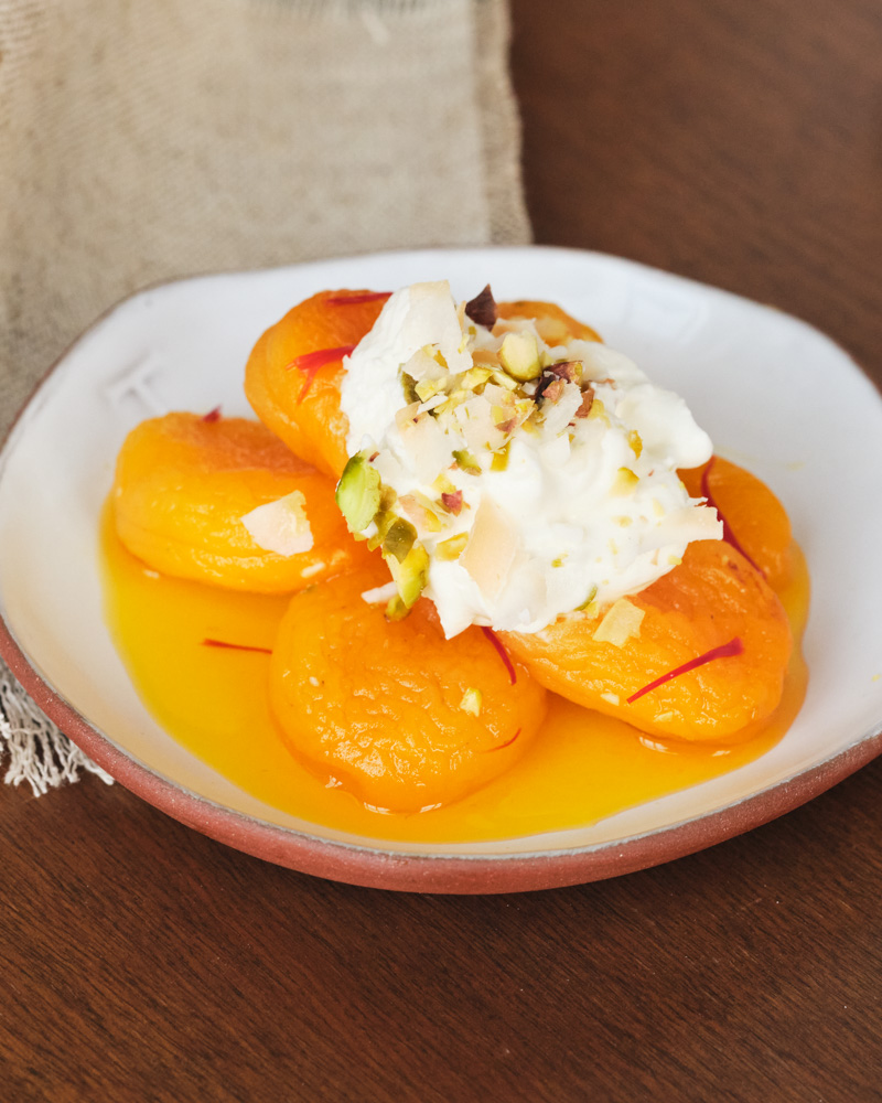 Apricots with Saffron, Yogurt Cream, and Pistachios