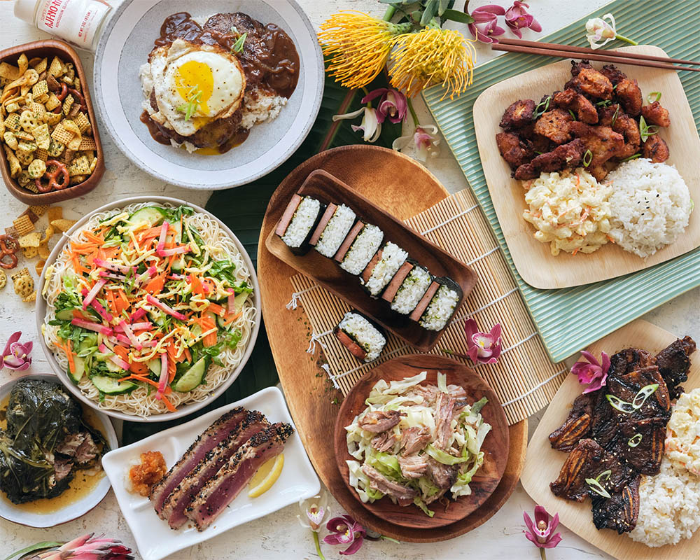 table with Hawaiian foods