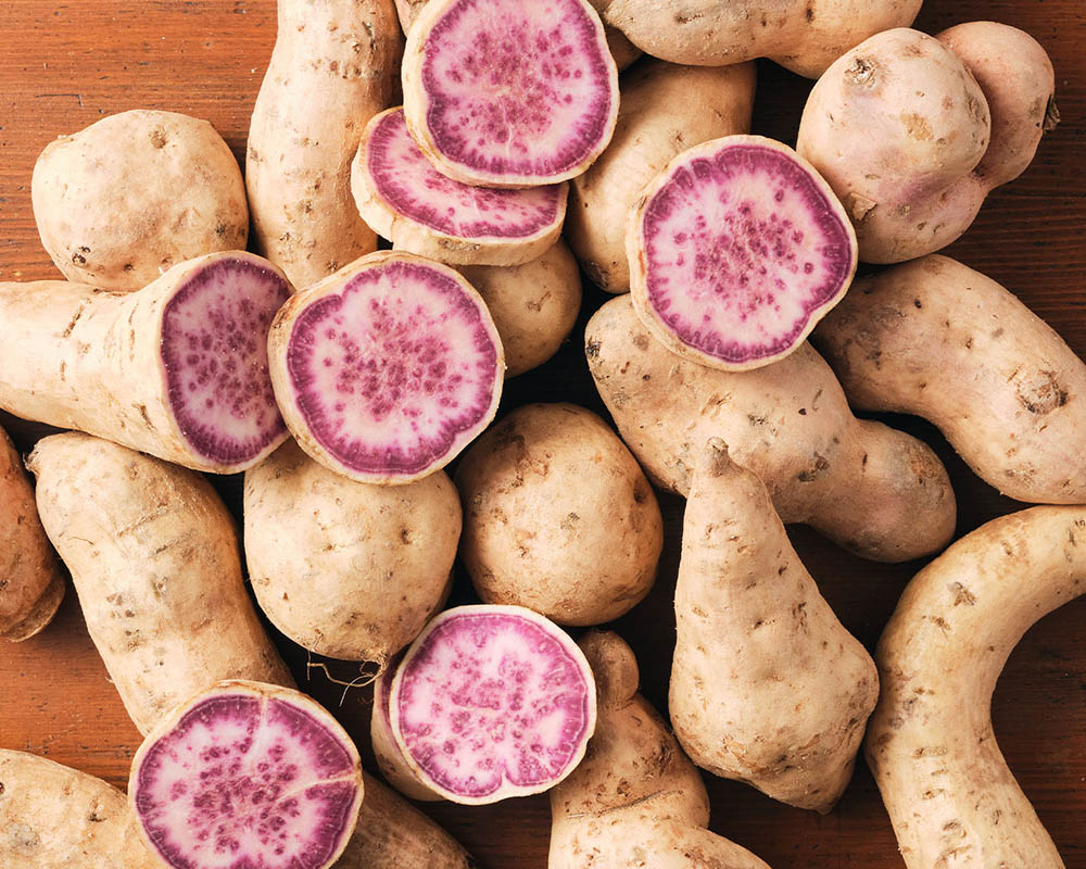 Mound of potatoes with a few cut open to reveal purple patterned flesh.