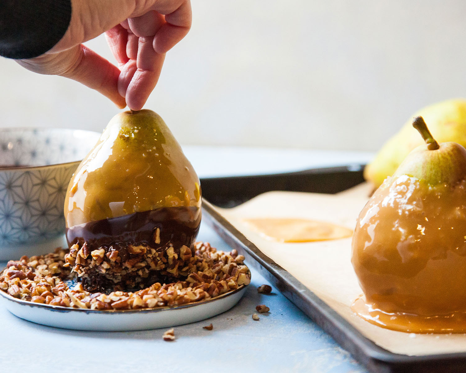 Caramel and chocolate-dipped Holiday Pear