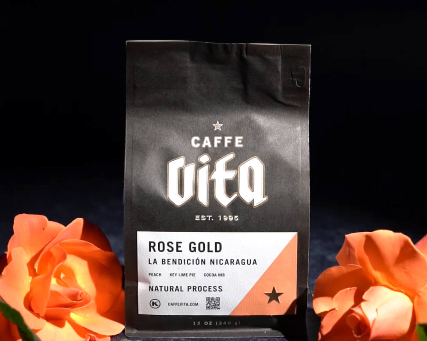 rose gold coffee in a bag with pink roses