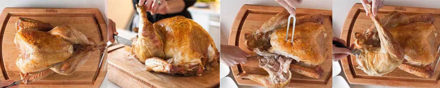 Series of 4 images showing the turkeys legs and thighs being removed with a carving knife