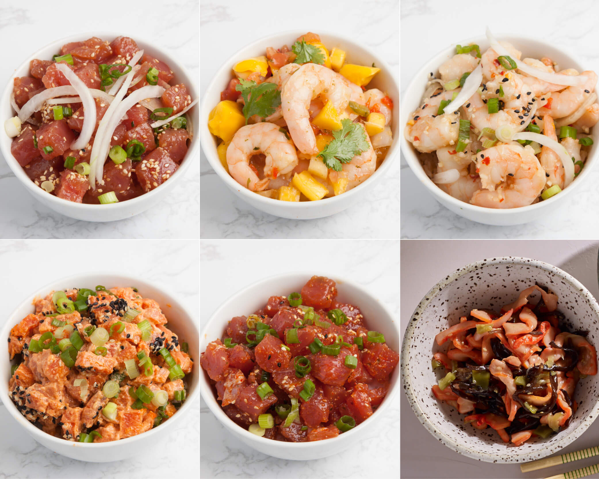 Bowls of ahi onion, shrimp and mango salad, garlic and shrimp salad, creamy sriracha salmon, spicy ahi poke, and chuka ika