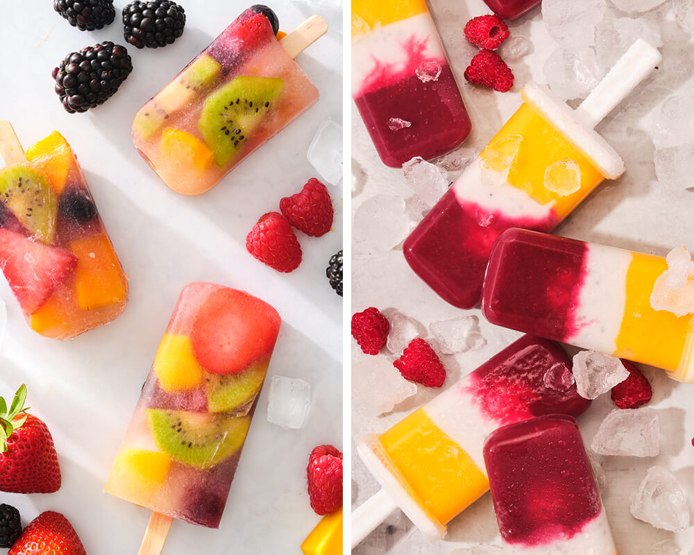 fruit filled popsicles and tri-colored chia popsicles