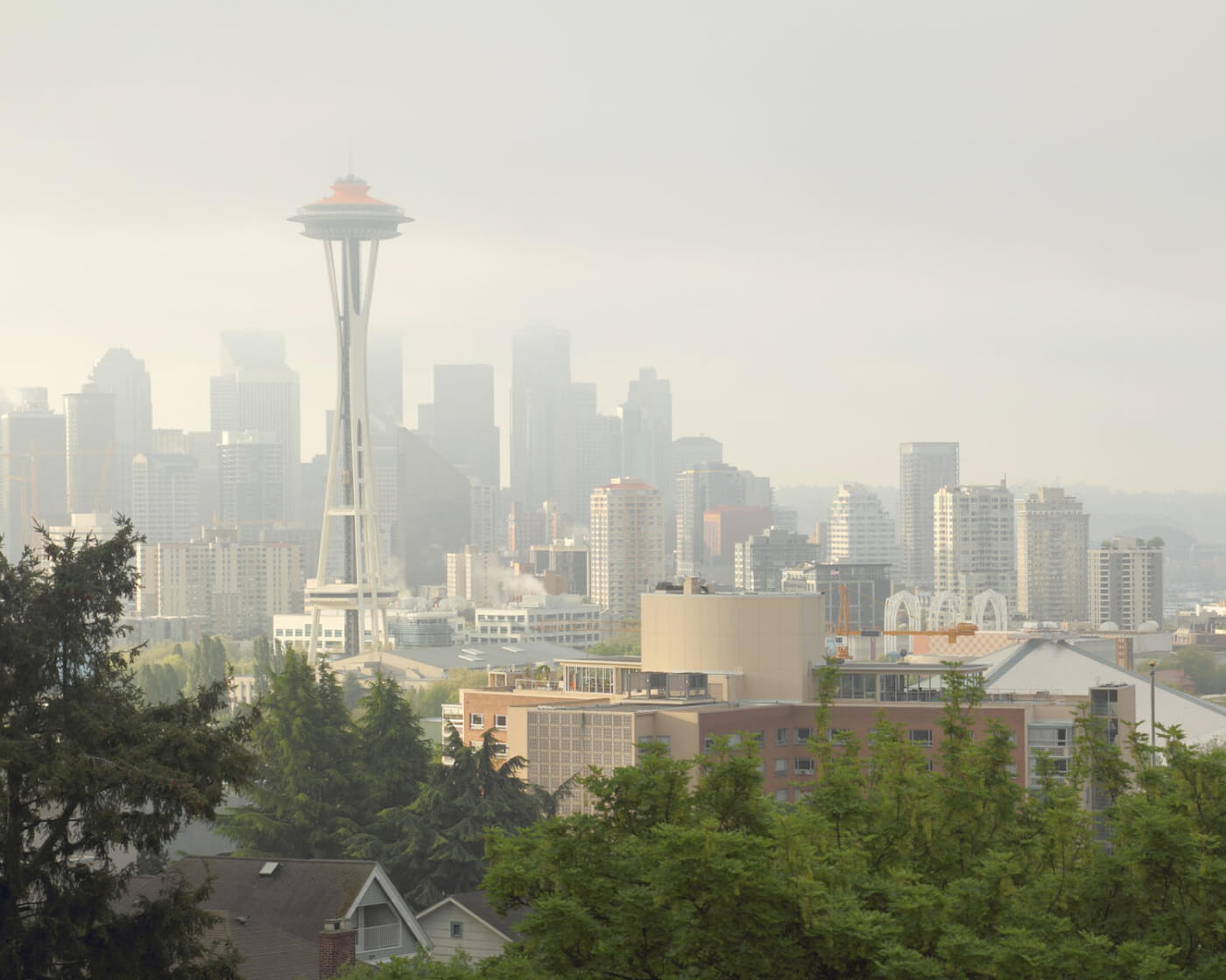 Foggy view of the Seattle skyline and Space Needle.