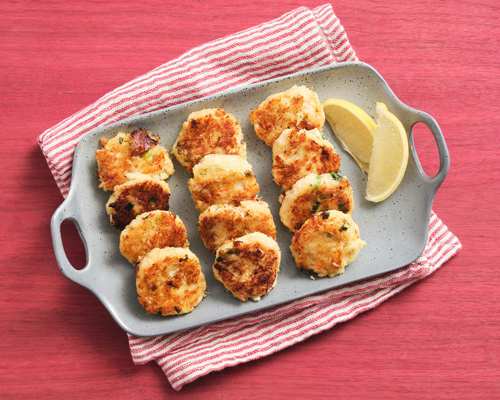 Crab cakes on a tray