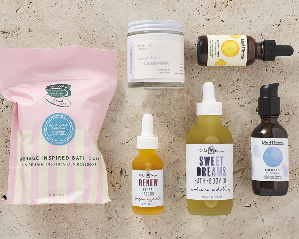 Midnight Paloma, Take Haven, and Mad Hippie products on tan background