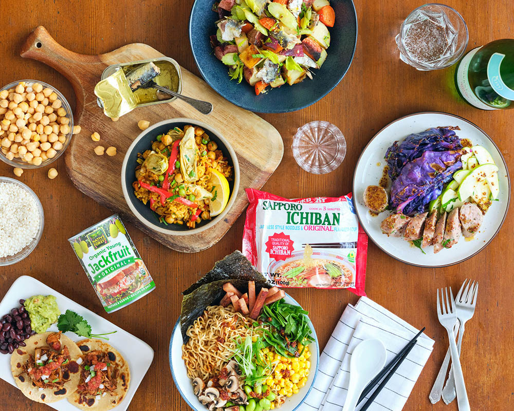 overhead view of prepared foods