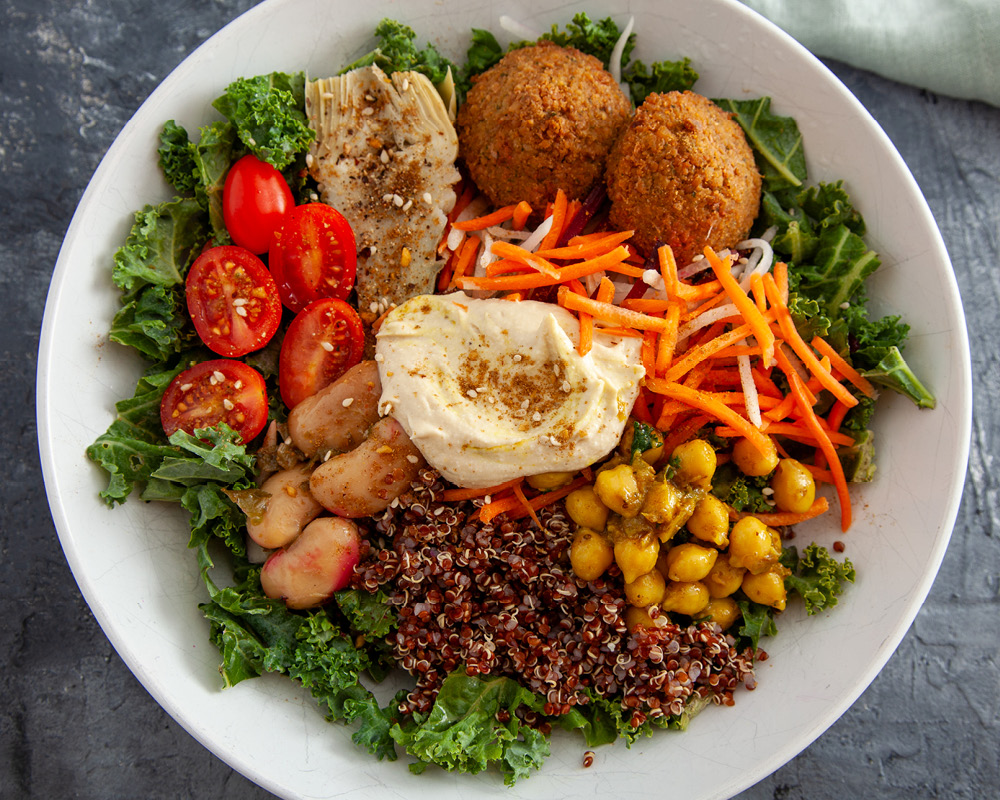 Plant-based power bowl on gray background