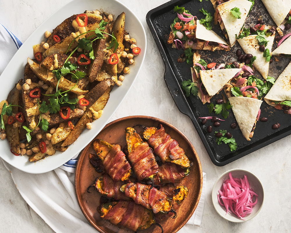 Spiced jo-jos, jalapeno poppers, quesadillas