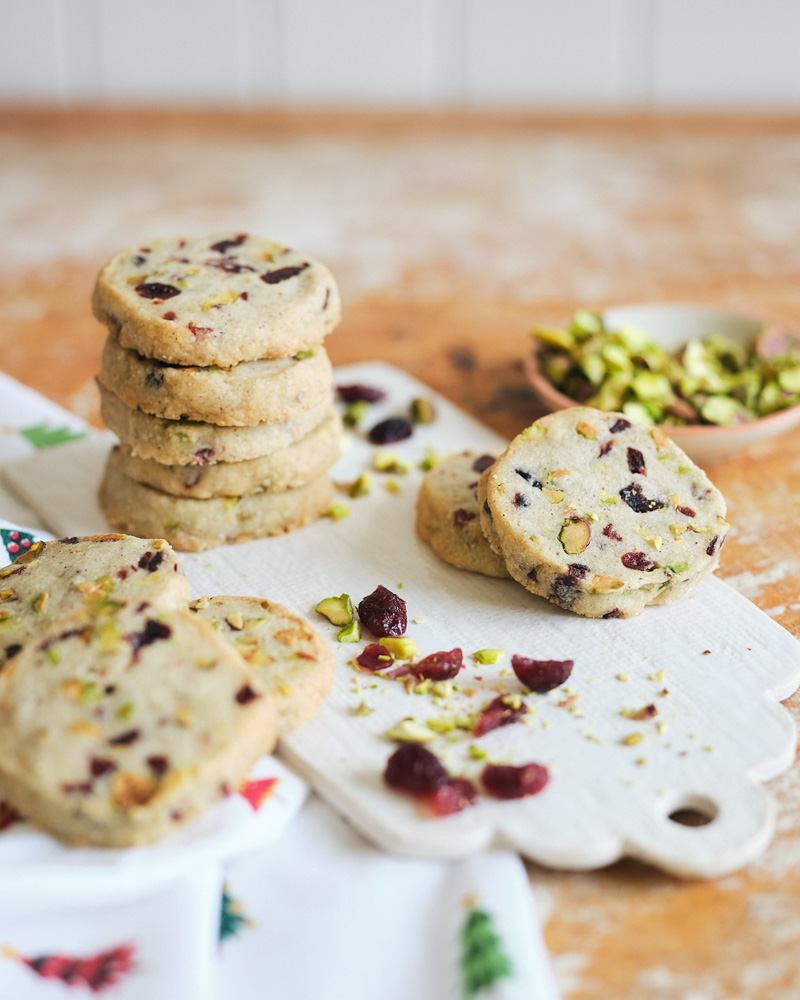 Cardamom Pistachio Cranberry Shortbread Cookies