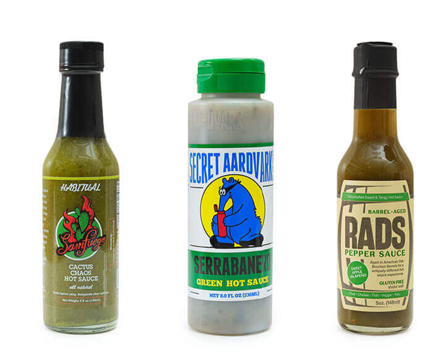 Habitual cactus chaos hot sauce and secret ardvark hot sauce and rads pepper sauce