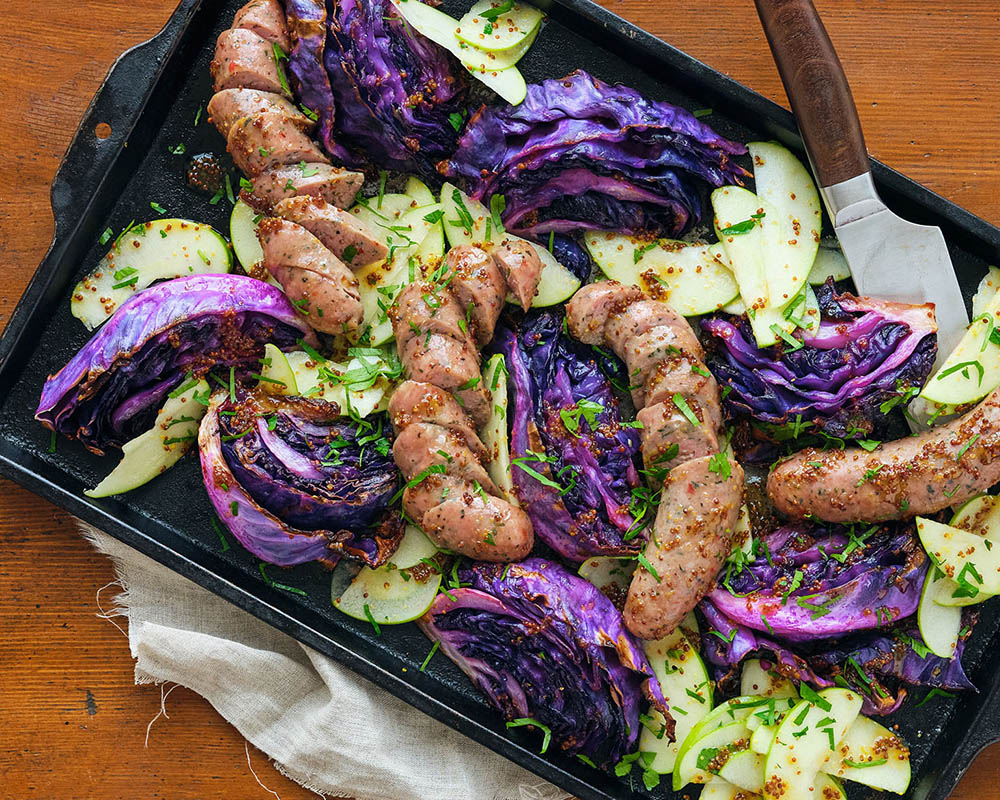 sausages and cabbage sheet-pan meal