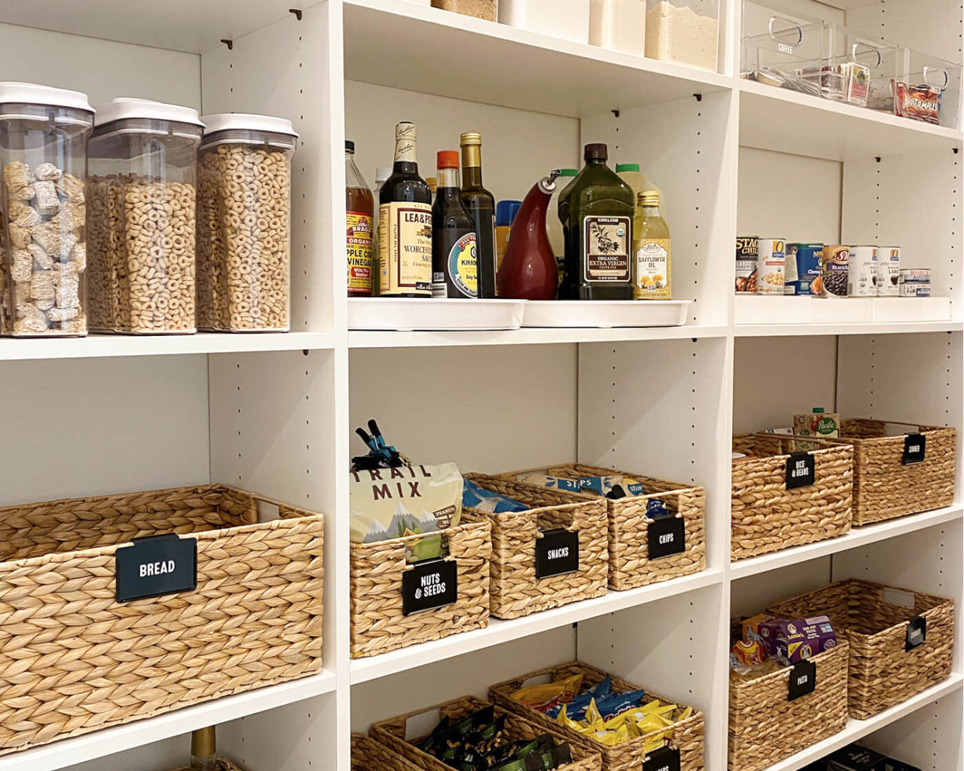 Well organized pantry shelves.