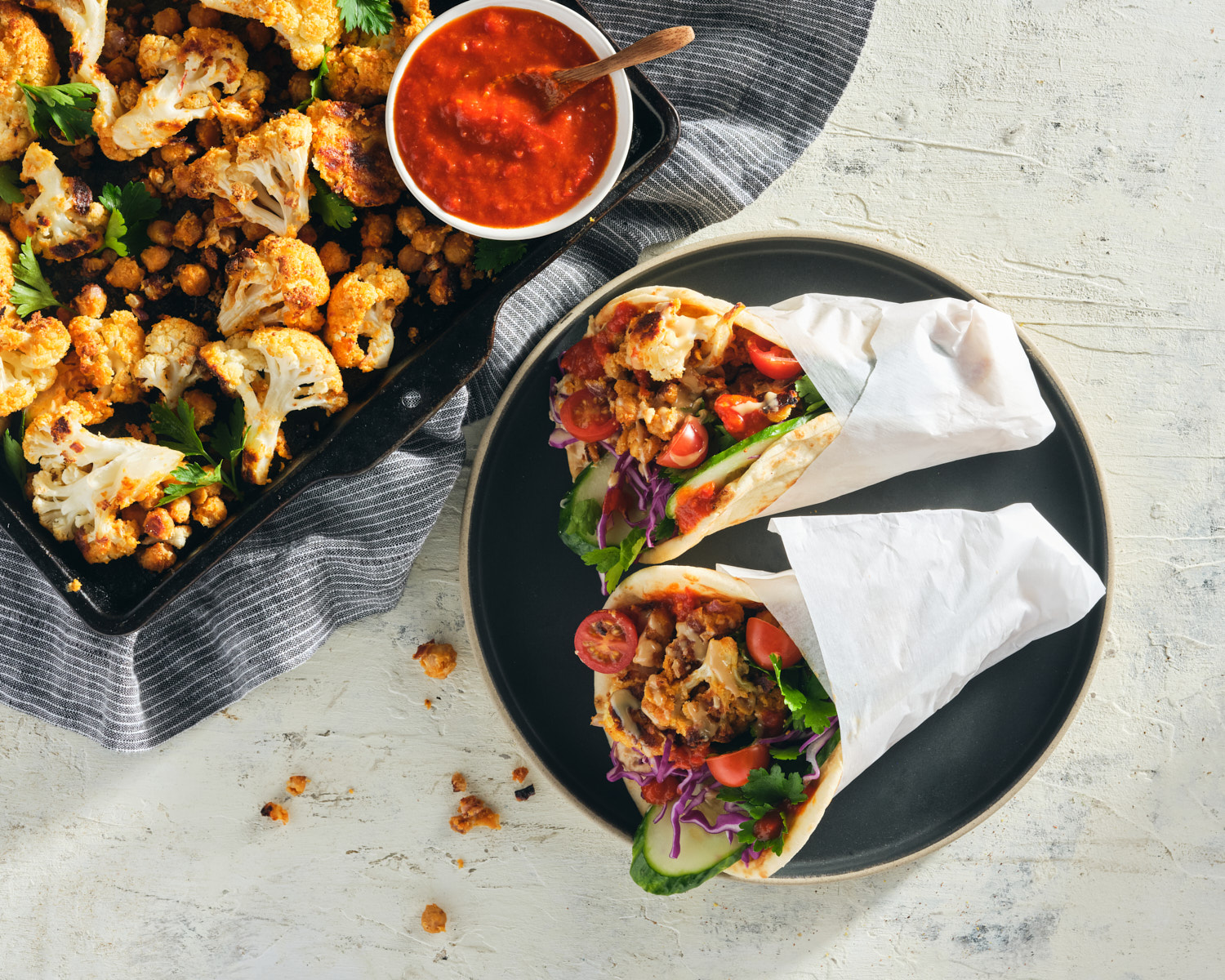 roasted chickpea and cauliflower pitas