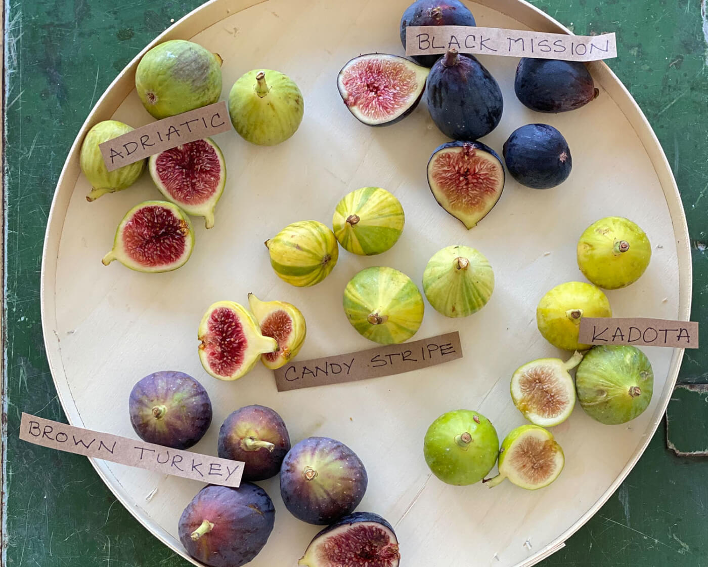 five types of figs on a plate with labels