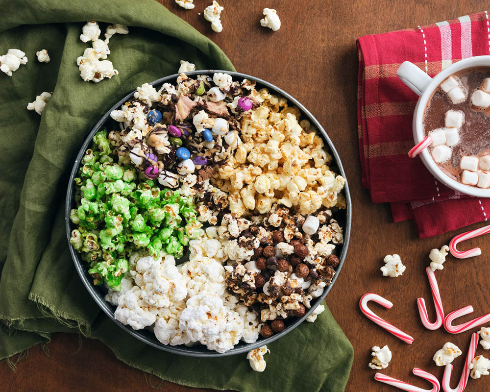 Five types of popcorn in a bowl